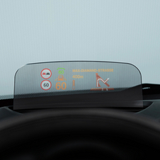 The Mini head-up display is shown just above the steering wheel