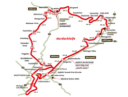 The Nürburgring (Nordschleife) circuit plan indicating the various danger zones throughout the track.