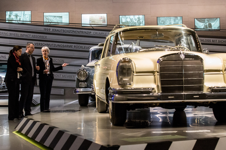 The exhibit begins before the S-Class existed and runs until the newest model