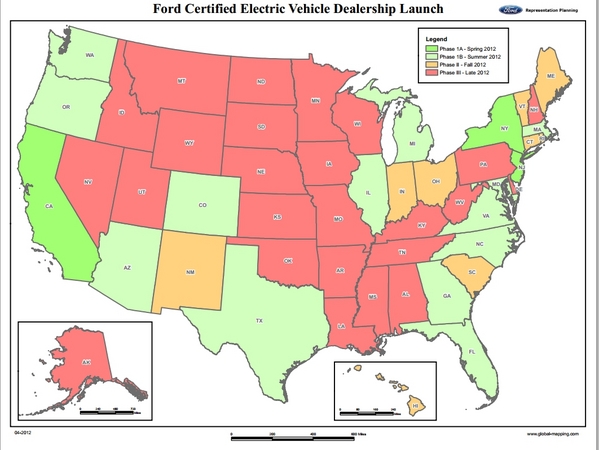 A map of how Ford will roll out the Focus Electric in the US