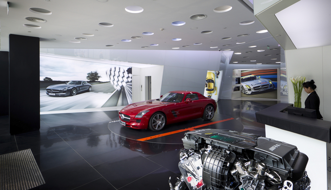 A turntable near the window allows cars to be displayed A turntable near the window allows cars to be displayed